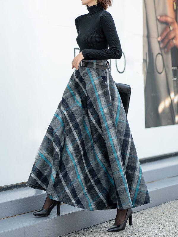 Jade Plaid Wool A-Line Maxi Skirt