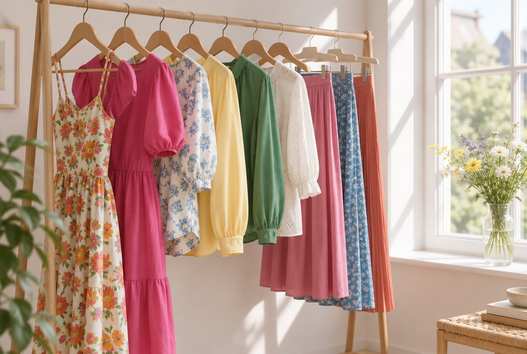 A tidy clothing rail with a few colorful women's dresses, blouses and skirts on wooden hangers beside a sunny window