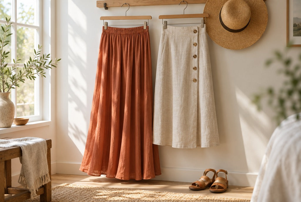 A flowing terracotta maxi skirt and a linen midi skirt on hangers beside a straw hat and sandals in a sunny room