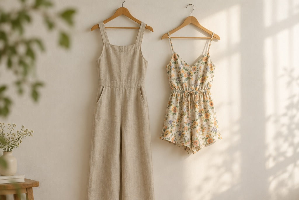 A linen jumpsuit and a floral romper hanging side by side on wooden hangers against a warm white wall with soft sunlight