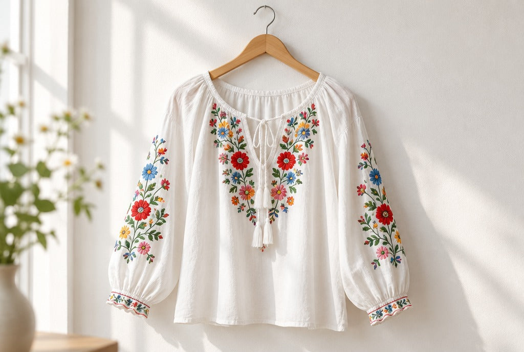 A white cotton peasant blouse with colorful floral embroidery on a wooden hanger against a sunny white wall