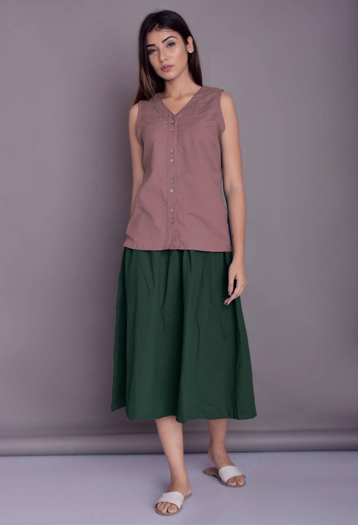 Wilma Navy Linen Midi Skirt — view 3