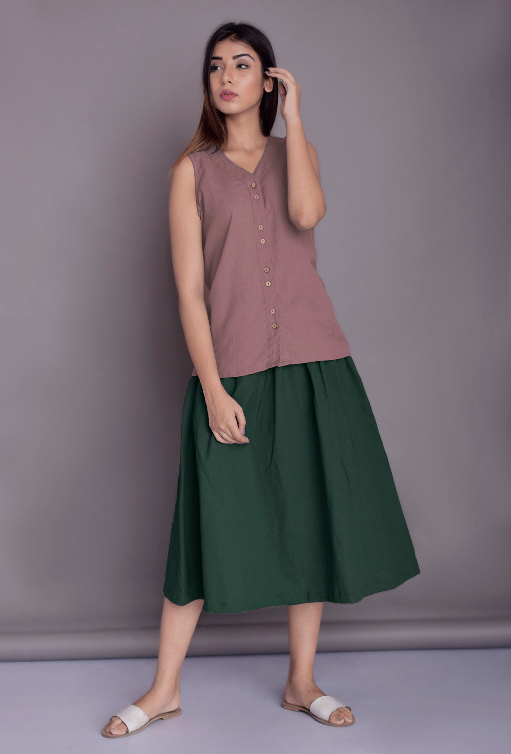 Wilma Navy Linen Midi Skirt — view 2