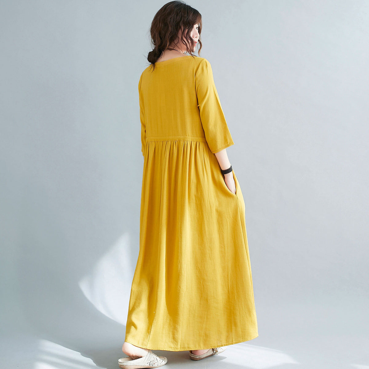Flora Yellow Linen Drawstring Maxi Dress — view 5