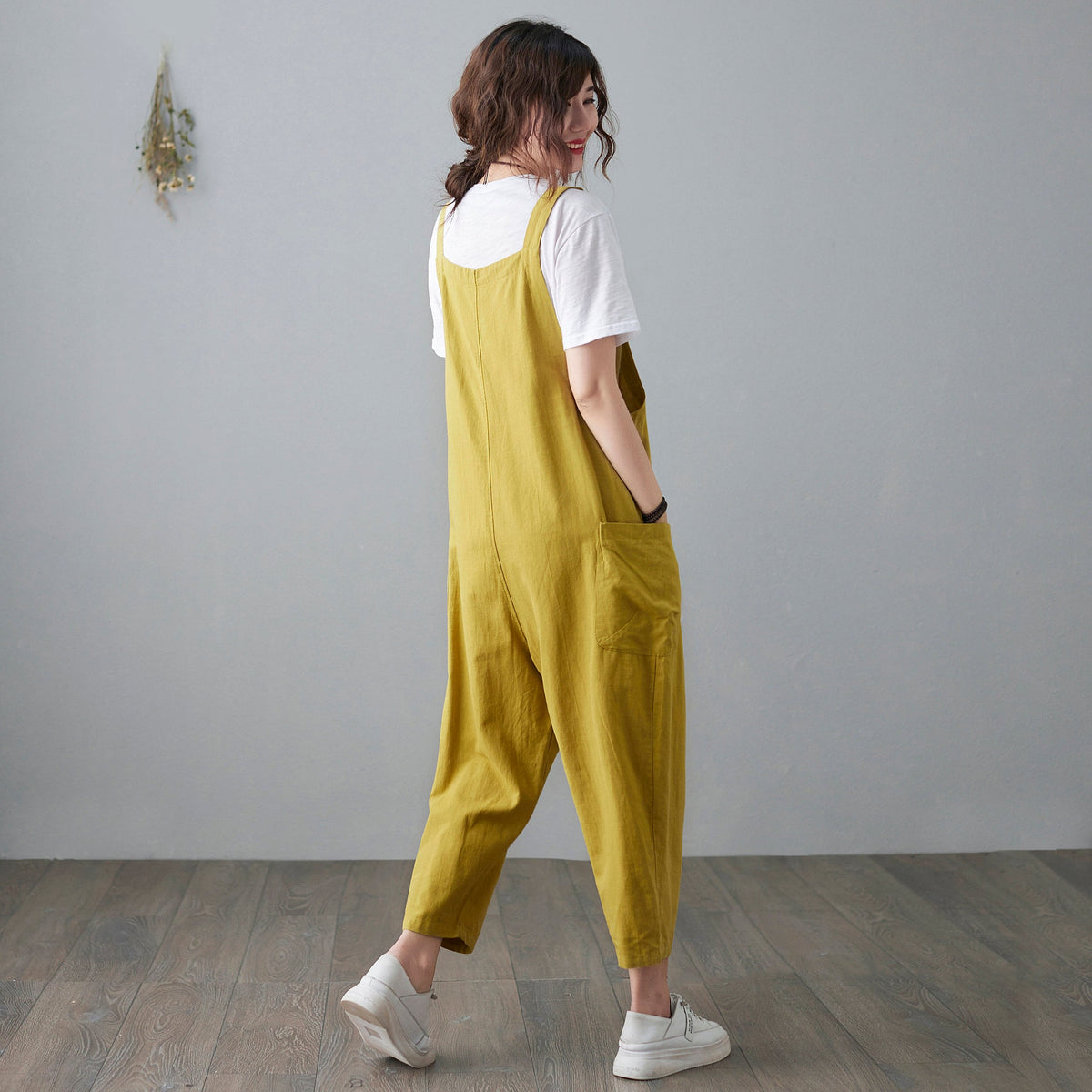 Fern Yellow Linen Overalls — view 5