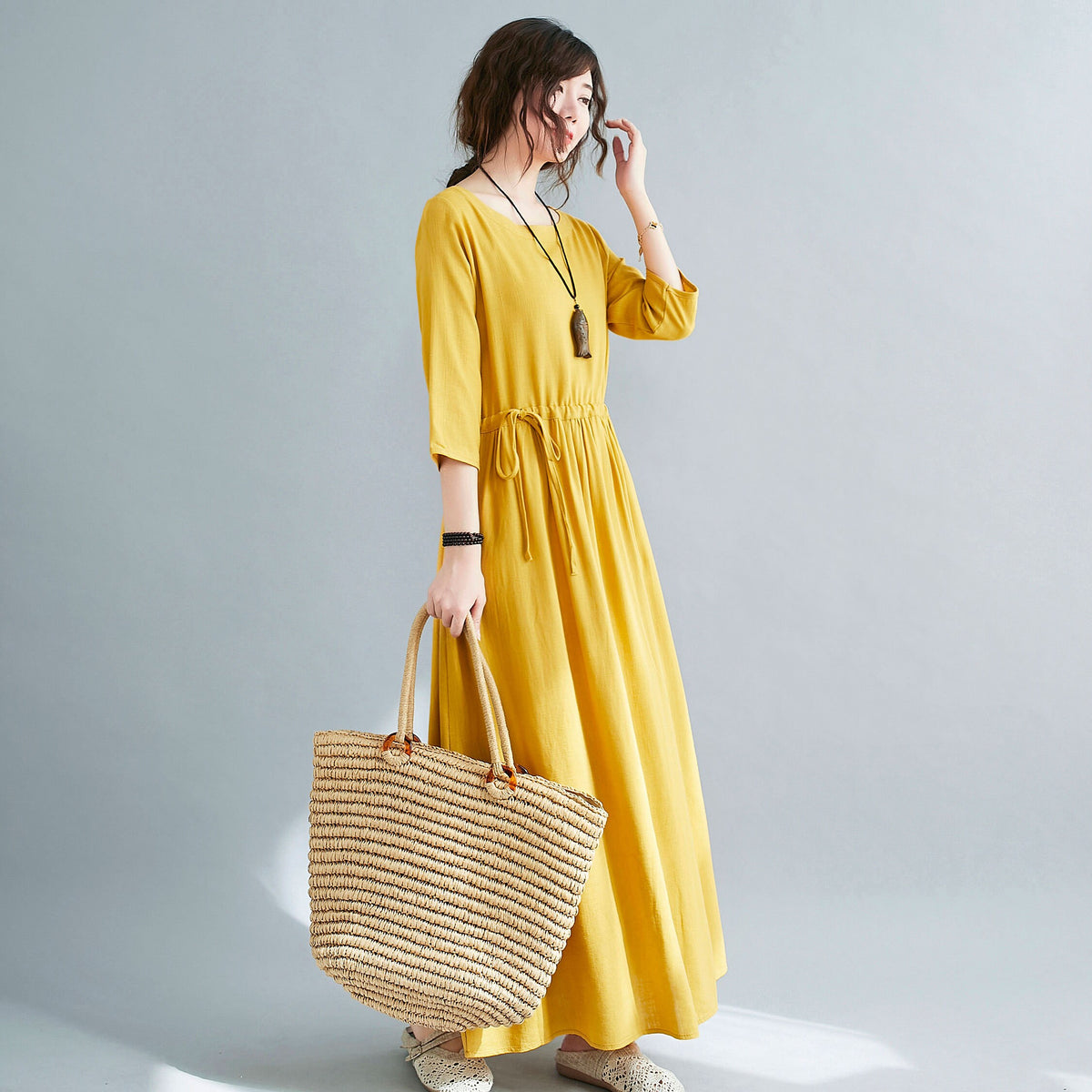 Flora Yellow Linen Drawstring Maxi Dress — view 4