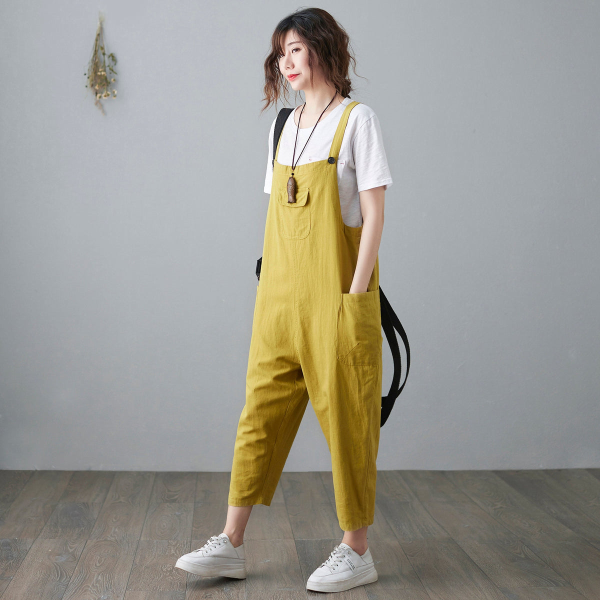 Fern Yellow Linen Overalls — view 4