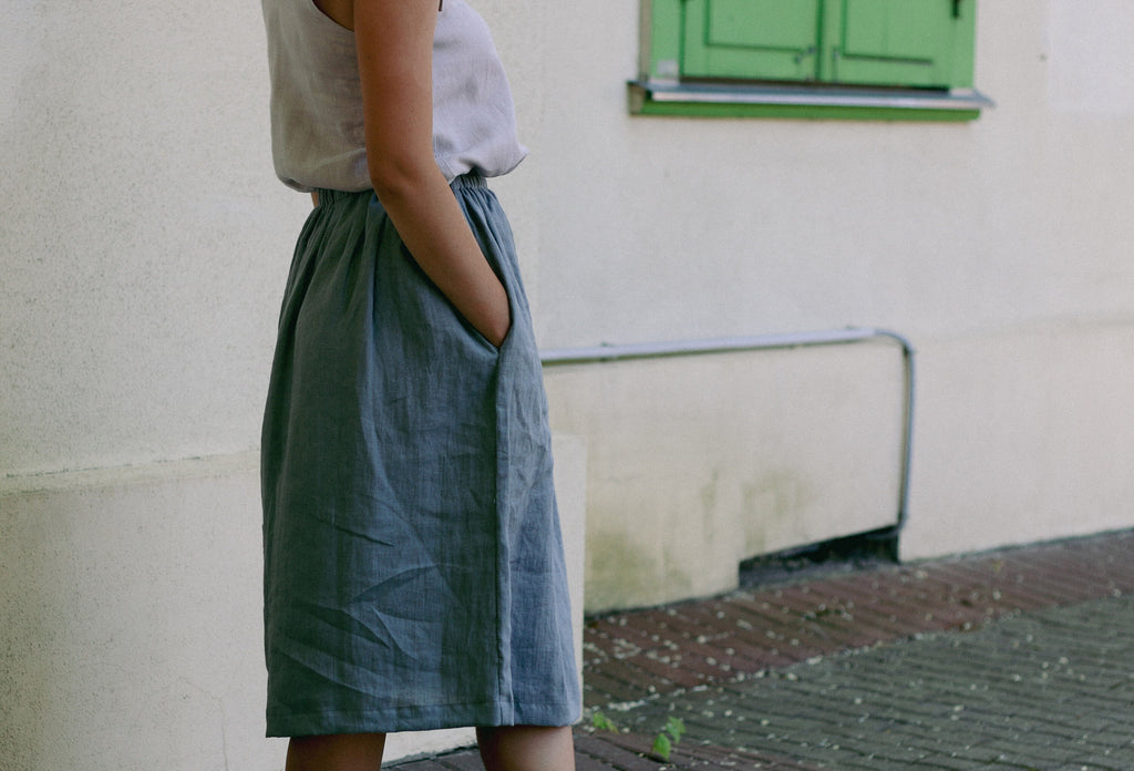Sloane Blue Linen A-Line Midi Skirt — view 4