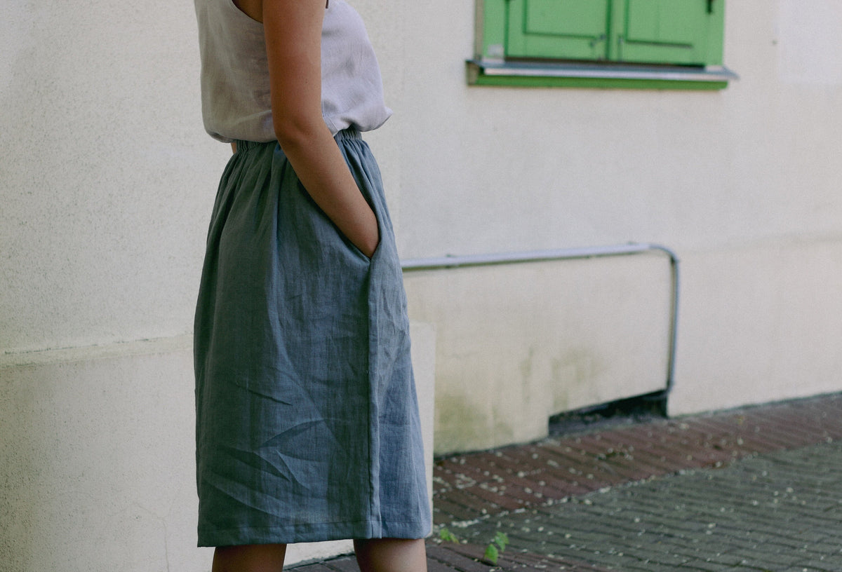 Sloane Blue Linen A-Line Midi Skirt — view 4