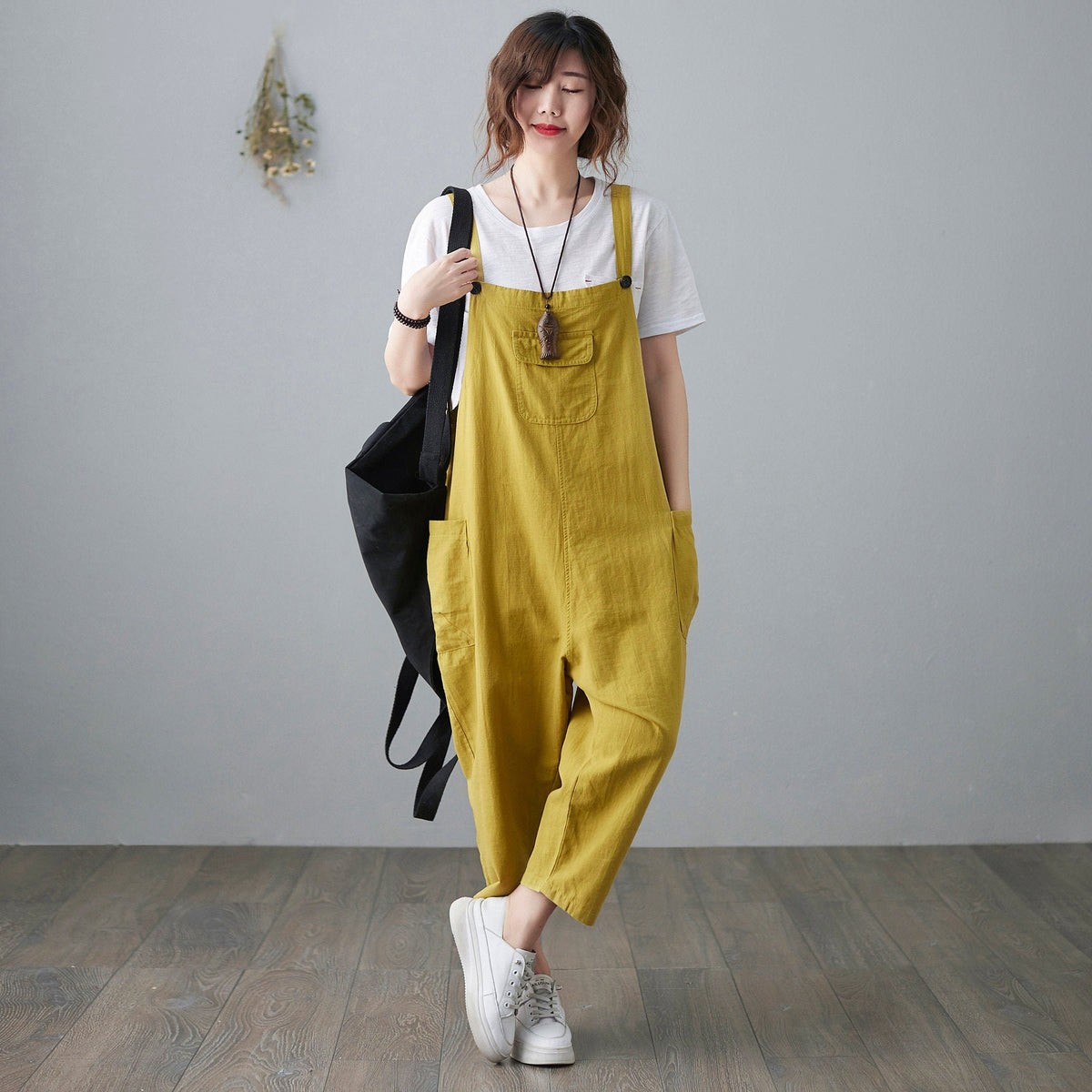 Fern Yellow Linen Overalls — view 2