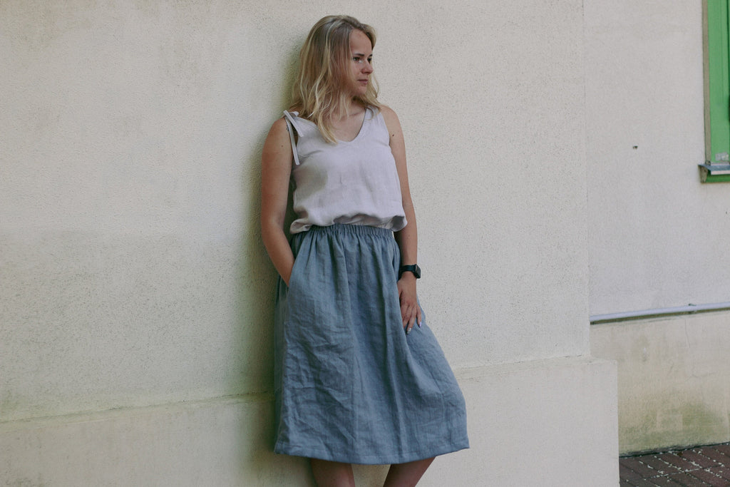 Sloane Blue Linen A-Line Midi Skirt — view 2