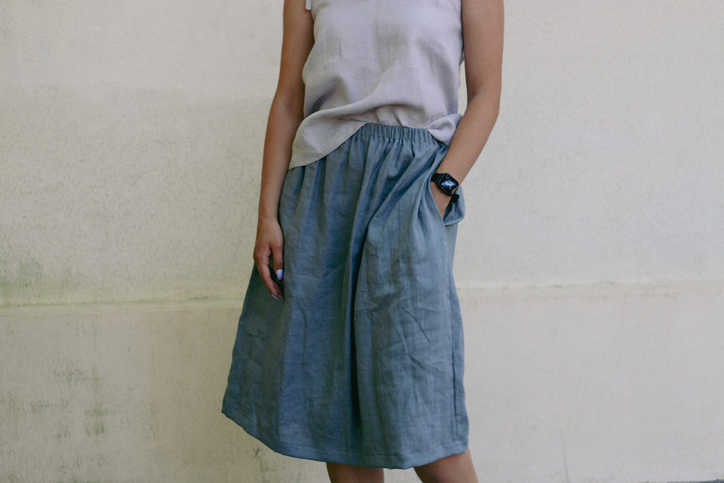 Sloane Blue Linen A-Line Midi Skirt — view 3