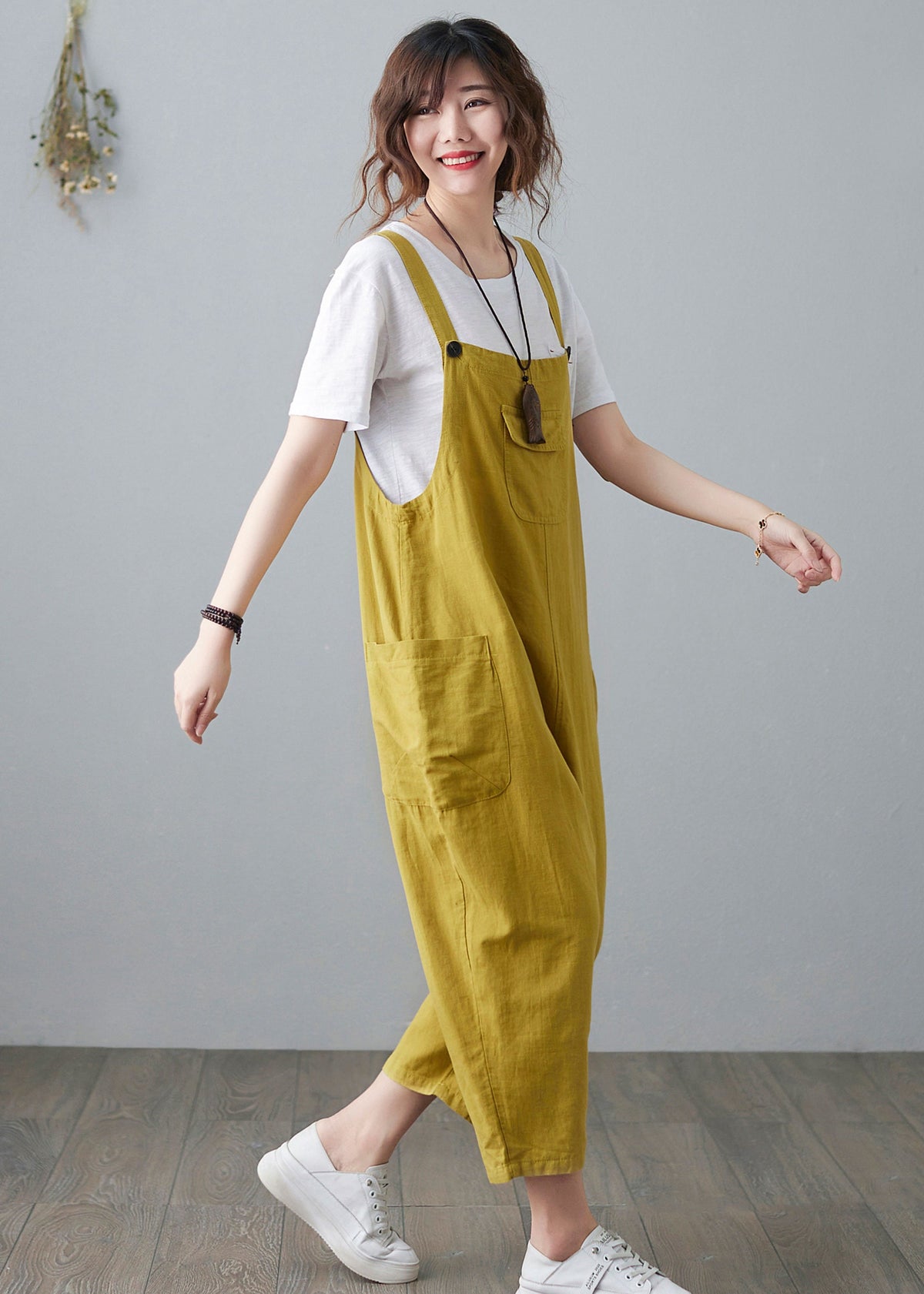 Fern Yellow Linen Overalls — view 3