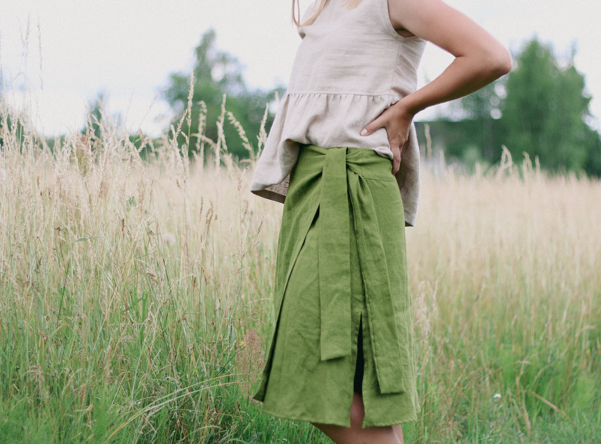 Bea Green Linen Wrap Midi Skirt — LA's Nine Ninety