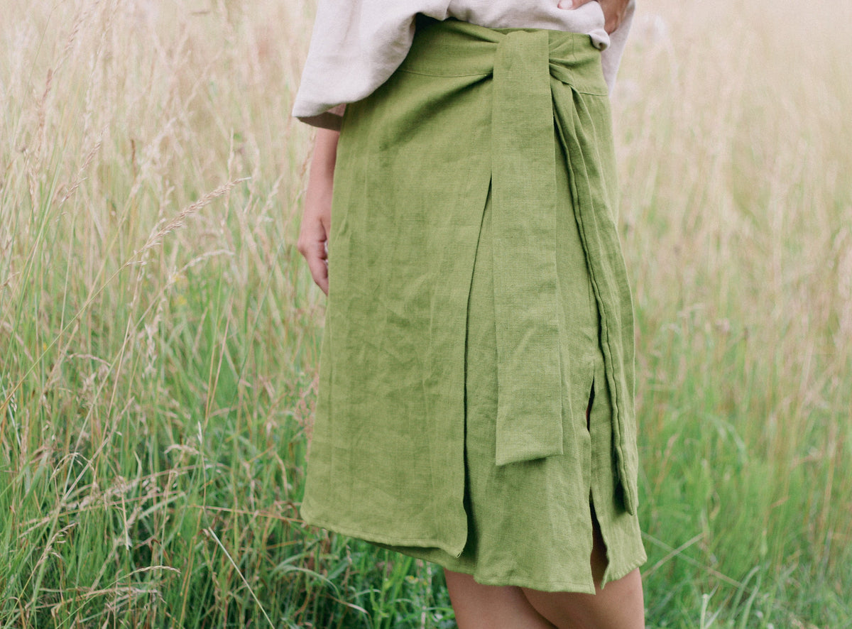 Bea Green Linen Wrap Midi Skirt — view 3