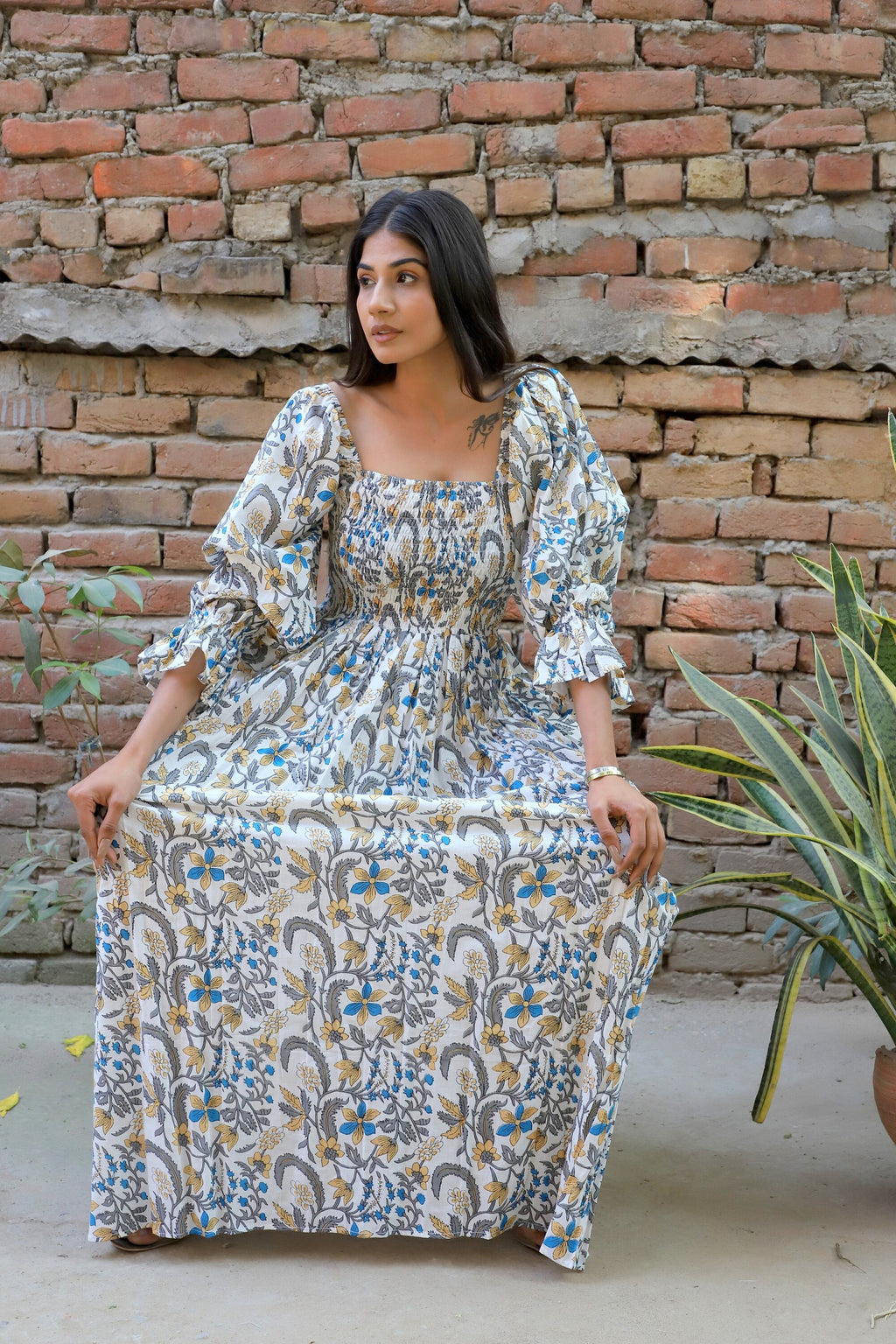 Inez Gray Cotton Smocked Maxi Dress — view 2