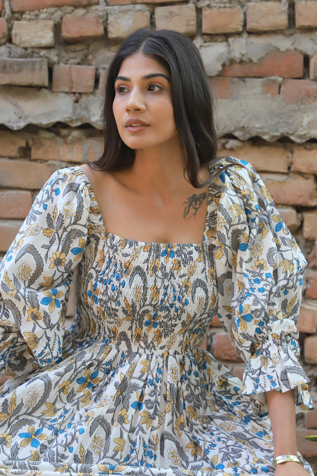 Inez Gray Cotton Smocked Maxi Dress — view 3
