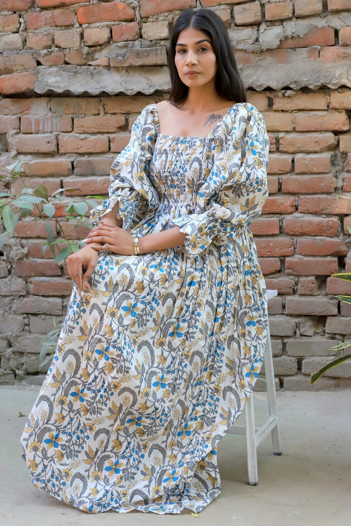 Inez Gray Cotton Smocked Maxi Dress — view 4