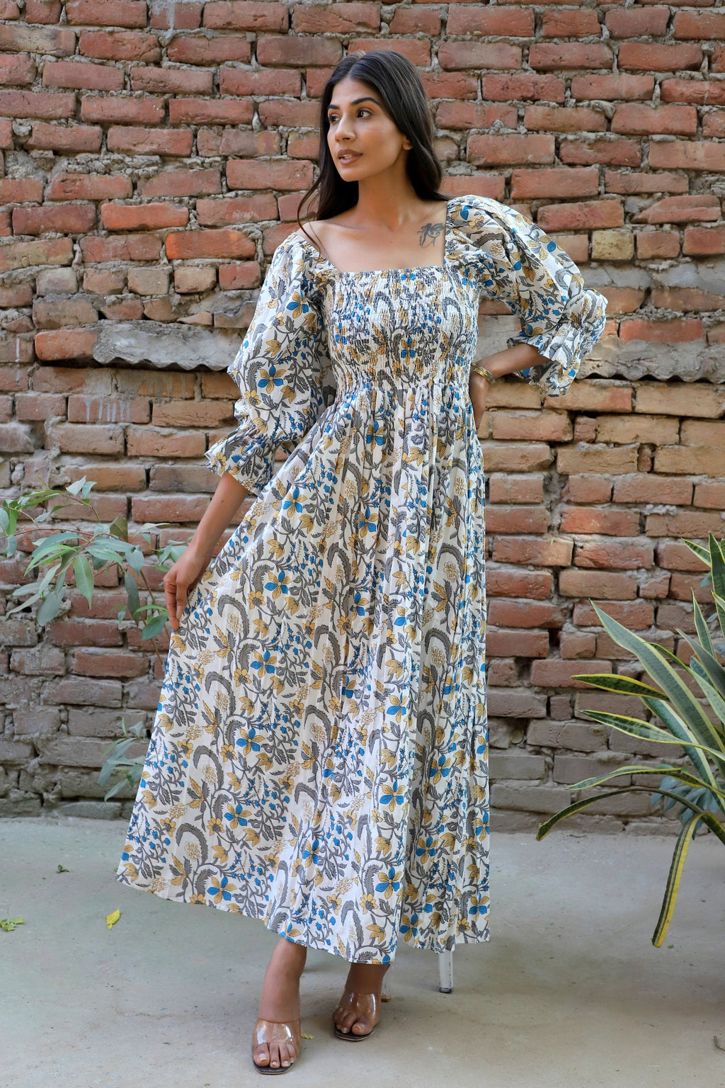 Inez Gray Cotton Smocked Maxi Dress — view 6
