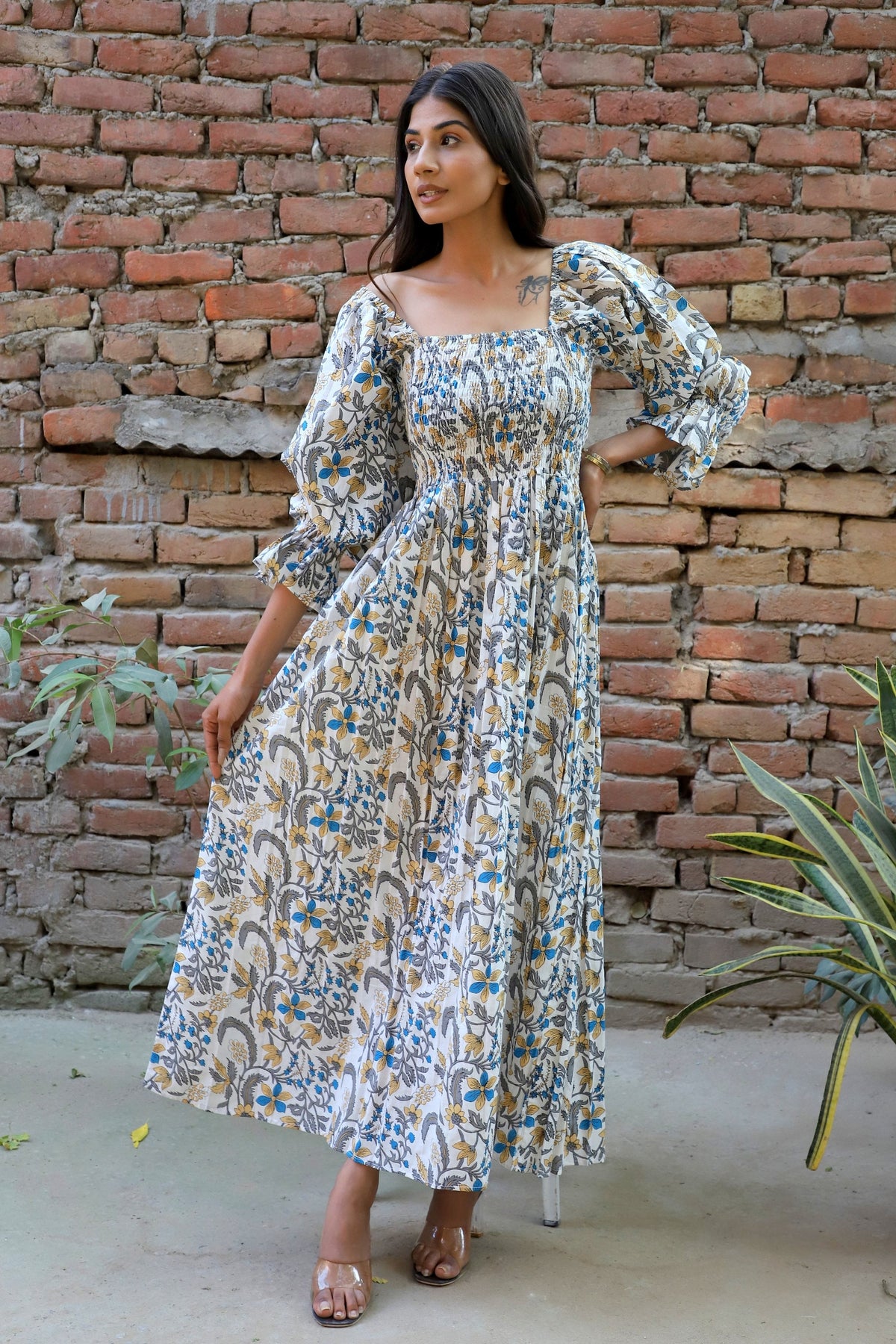 Inez Gray Cotton Smocked Maxi Dress — view 6