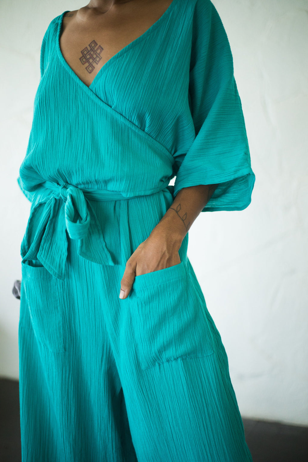 Talia Teal Cotton Wrap Jumpsuit — view 2