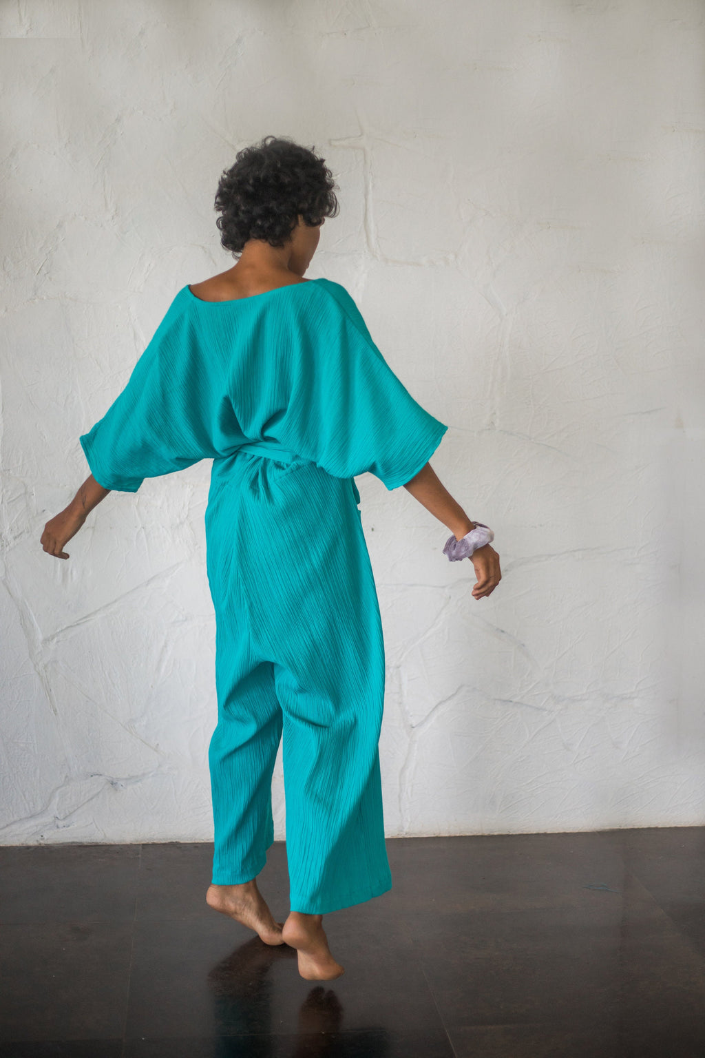 Talia Teal Cotton Wrap Jumpsuit — view 3