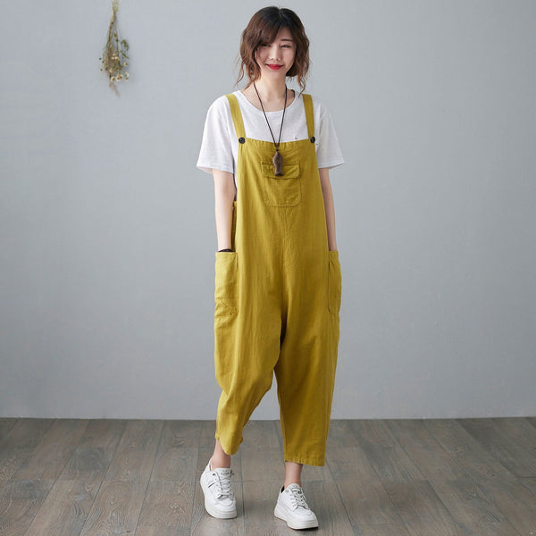 Fern Yellow Linen Overalls