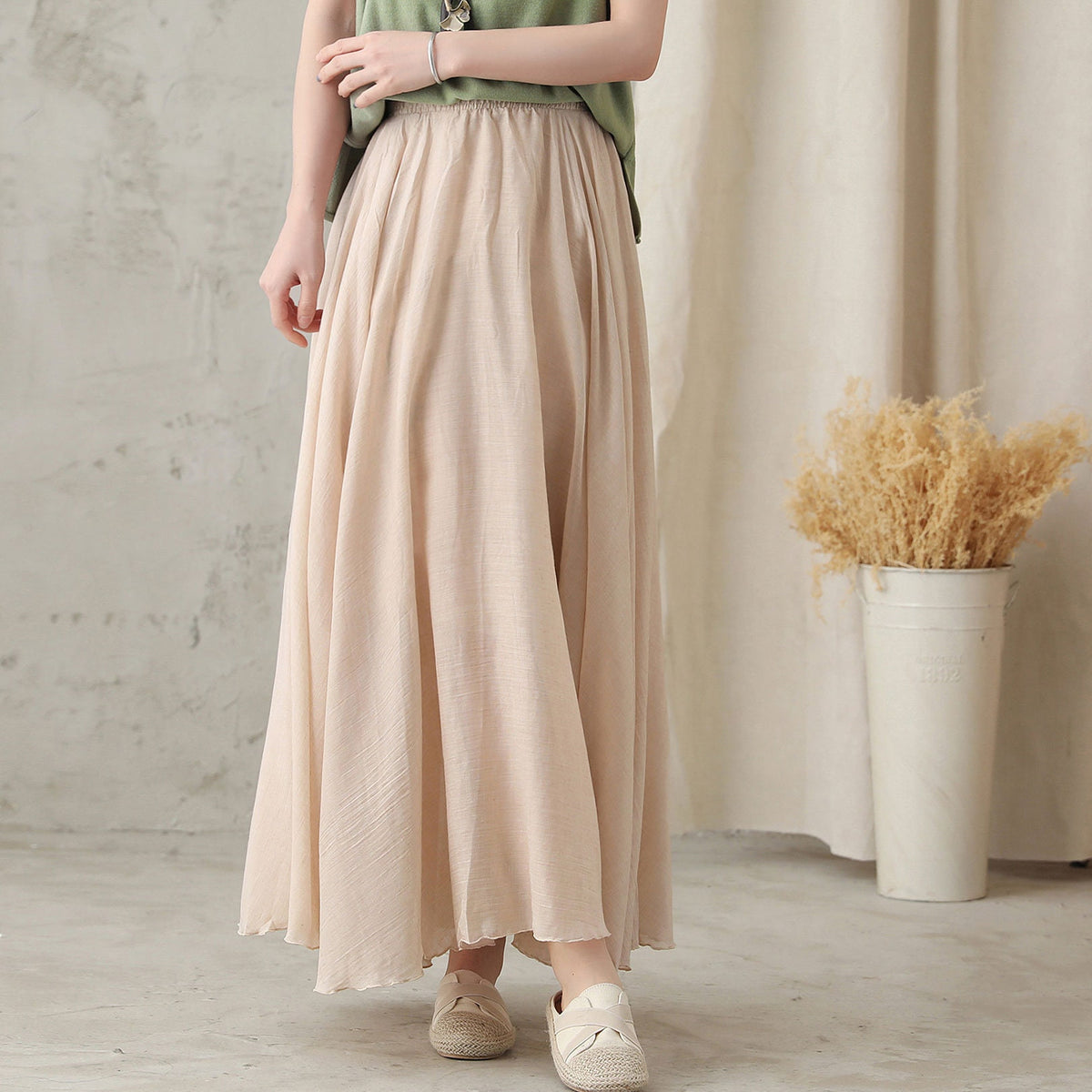 Calla Beige Linen Pleated Maxi Skirt — view 3
