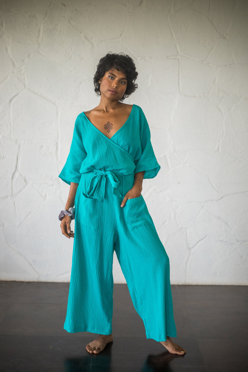 Talia Teal Cotton Wrap Jumpsuit — LA's Nine Ninety