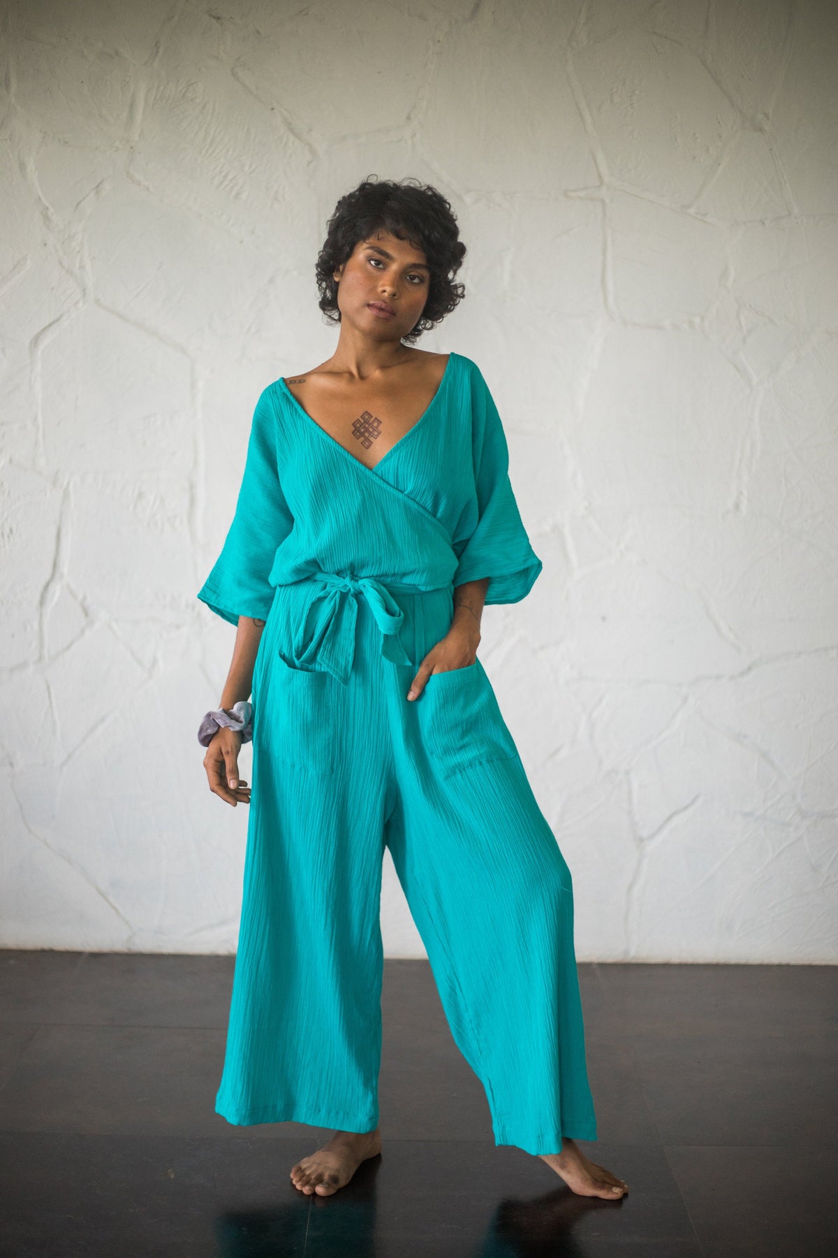 Talia Teal Cotton Wrap Jumpsuit — LA's Nine Ninety