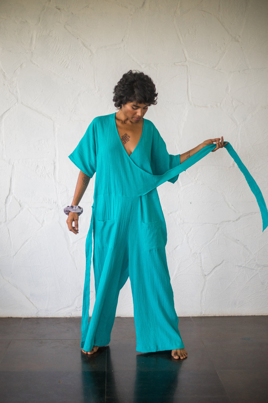 Talia Teal Cotton Wrap Jumpsuit — view 4