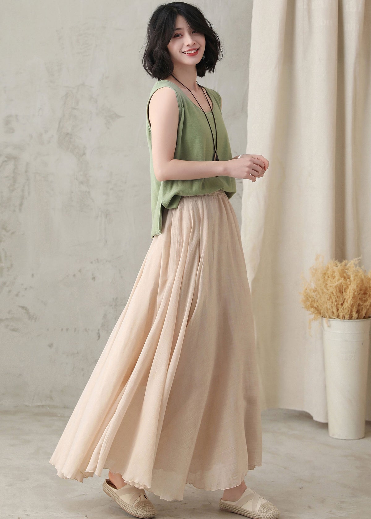 Calla Beige Linen Pleated Maxi Skirt — view 5