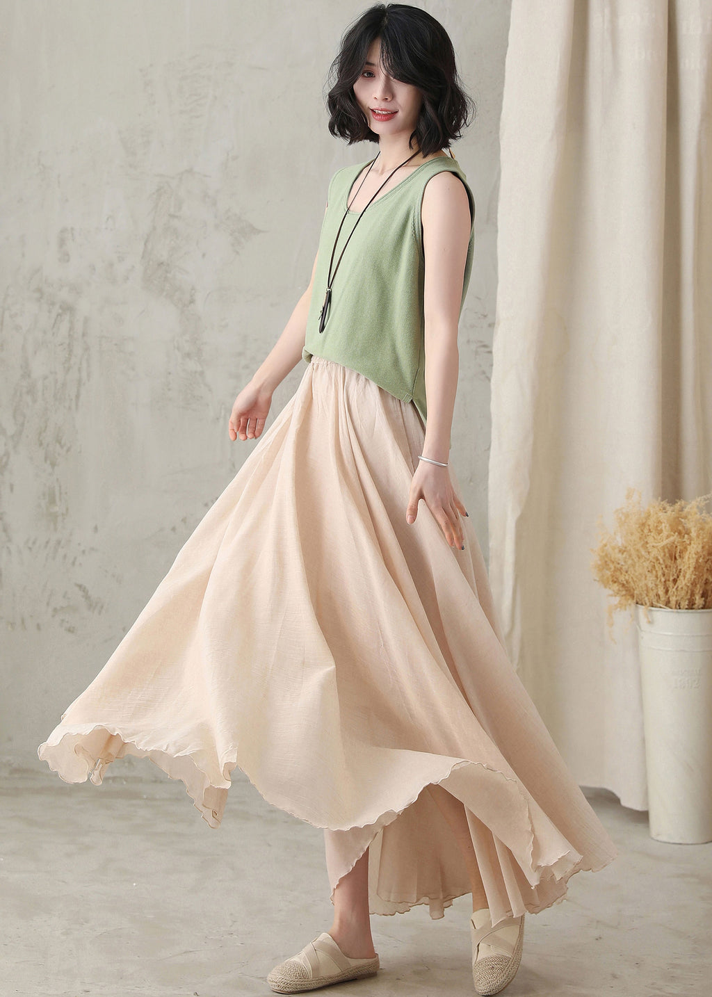 Calla Beige Linen Pleated Maxi Skirt — view 4