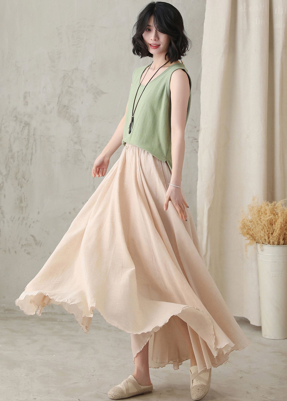 Calla Beige Linen Pleated Maxi Skirt — view 4