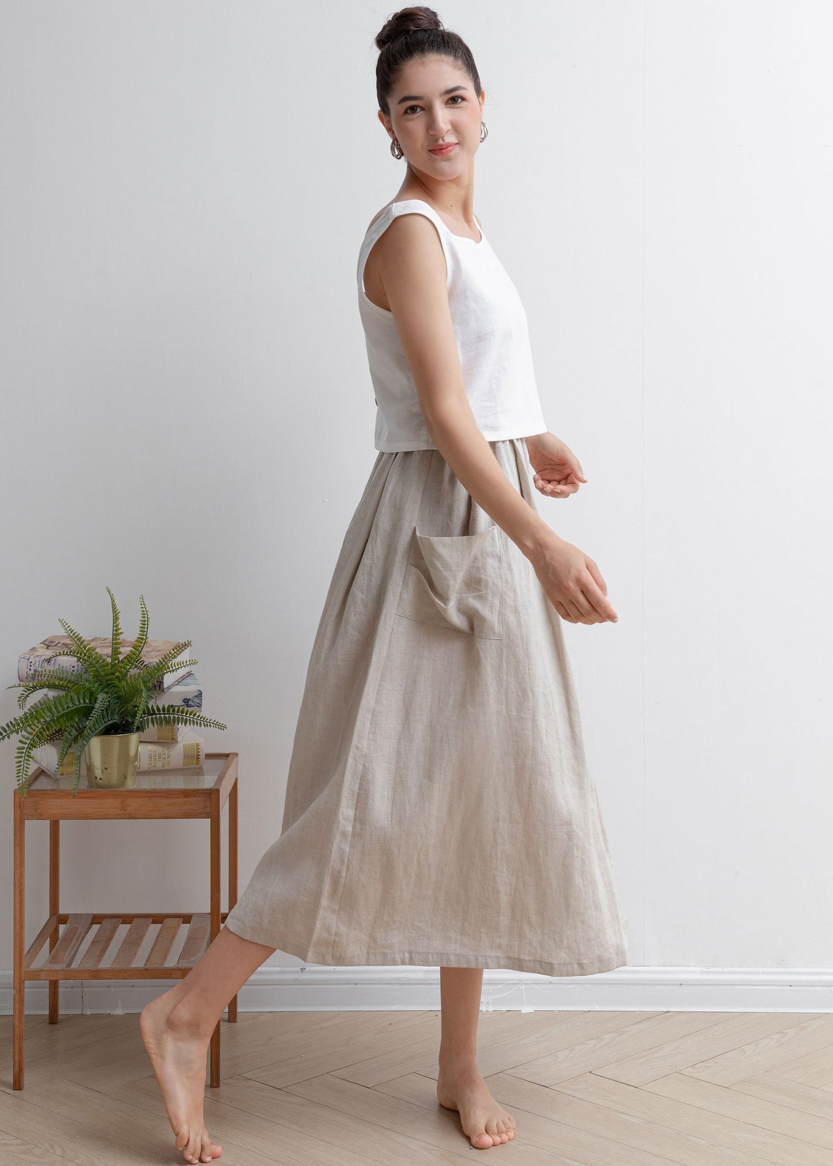 Nina Beige Linen High-Waist Midi Skirt — view 4