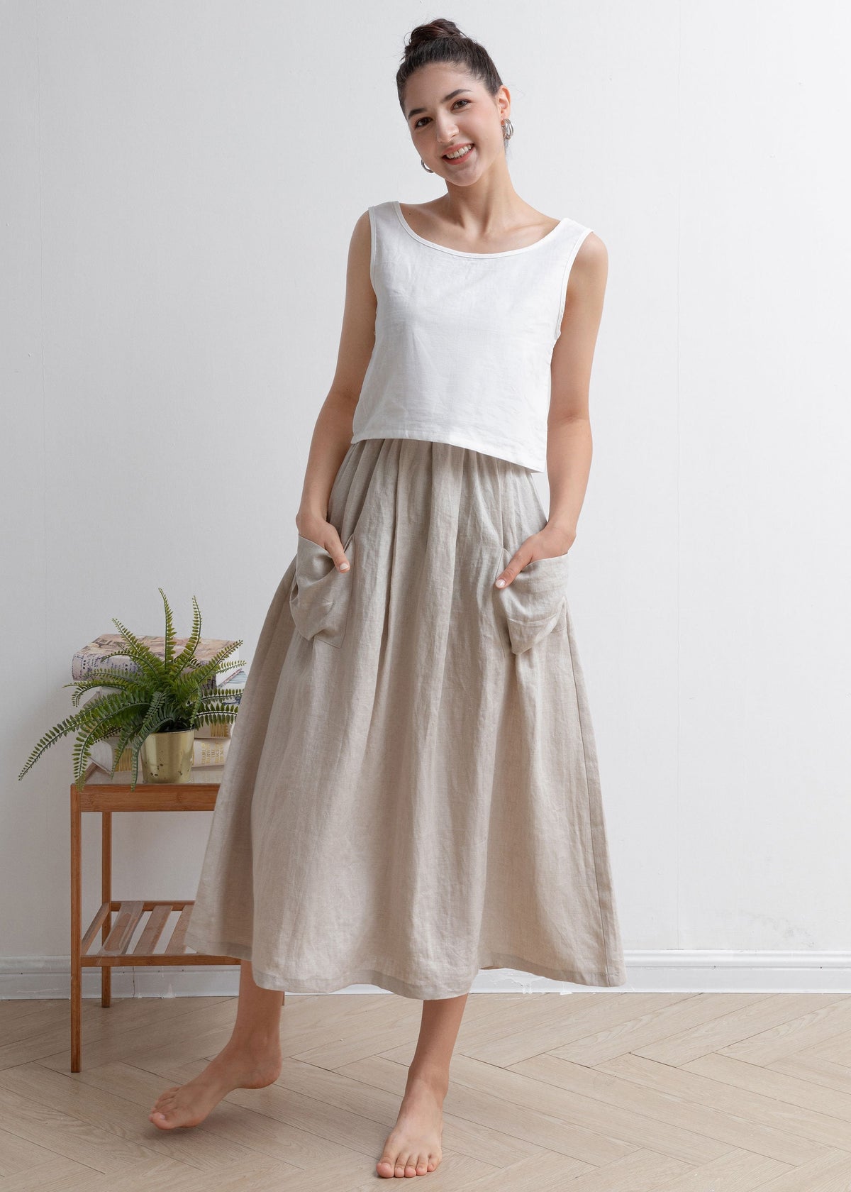 Nina Beige Linen High-Waist Midi Skirt — view 3