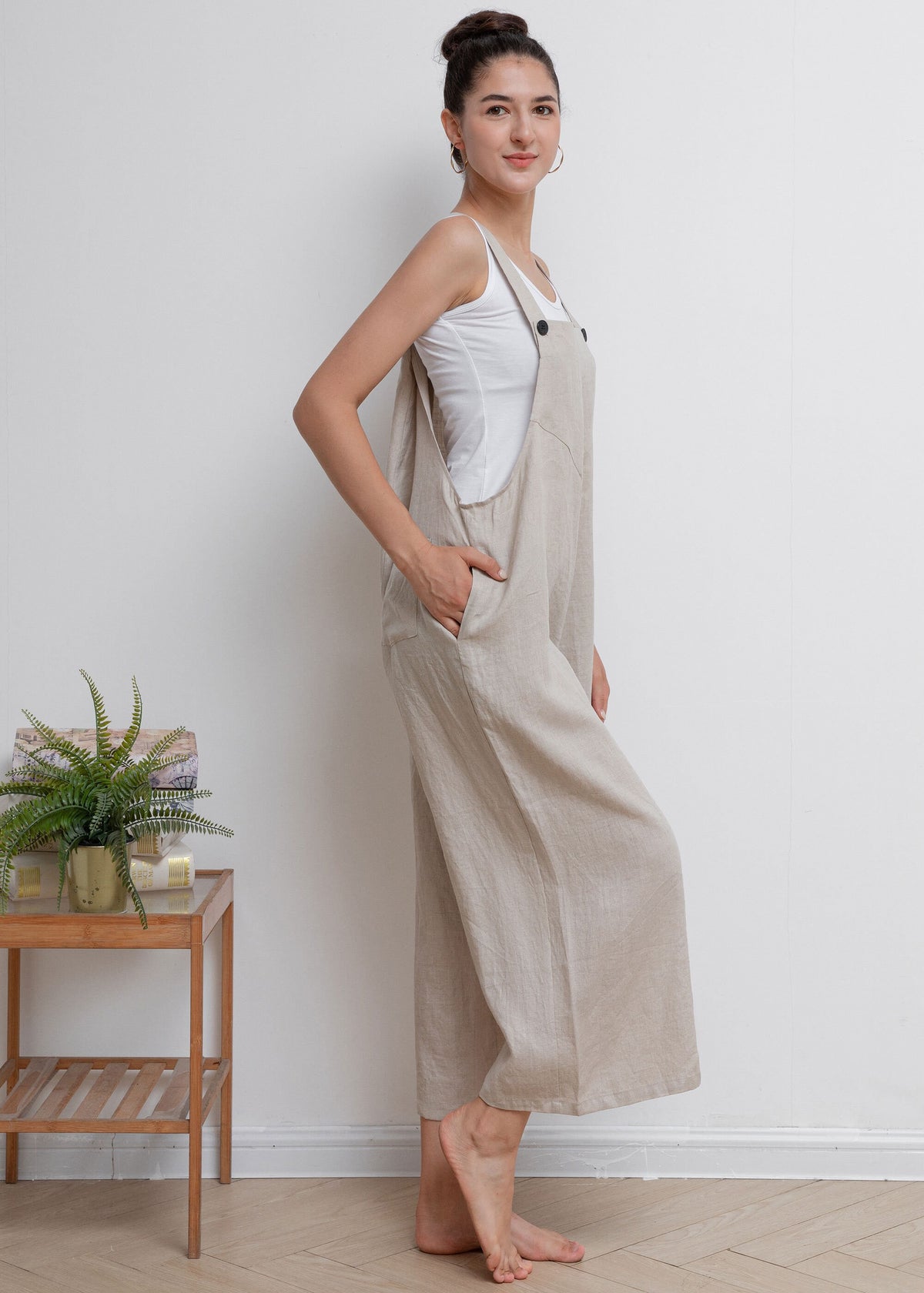 Yara Ivory Linen Cropped Overalls — view 5