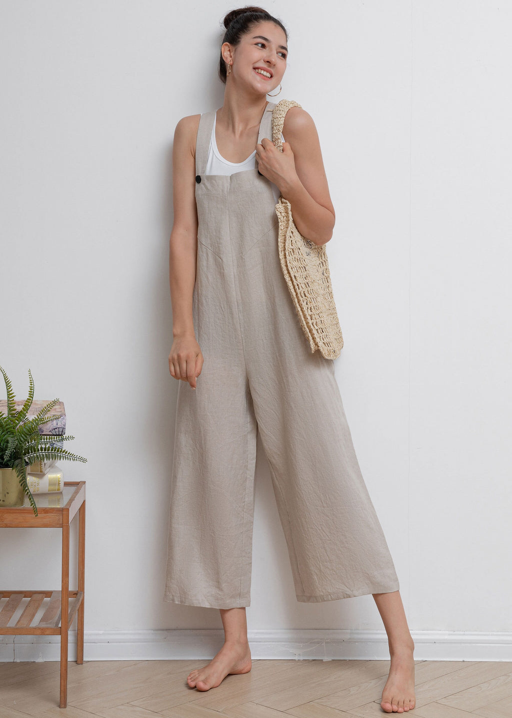 Yara Ivory Linen Cropped Overalls — view 6