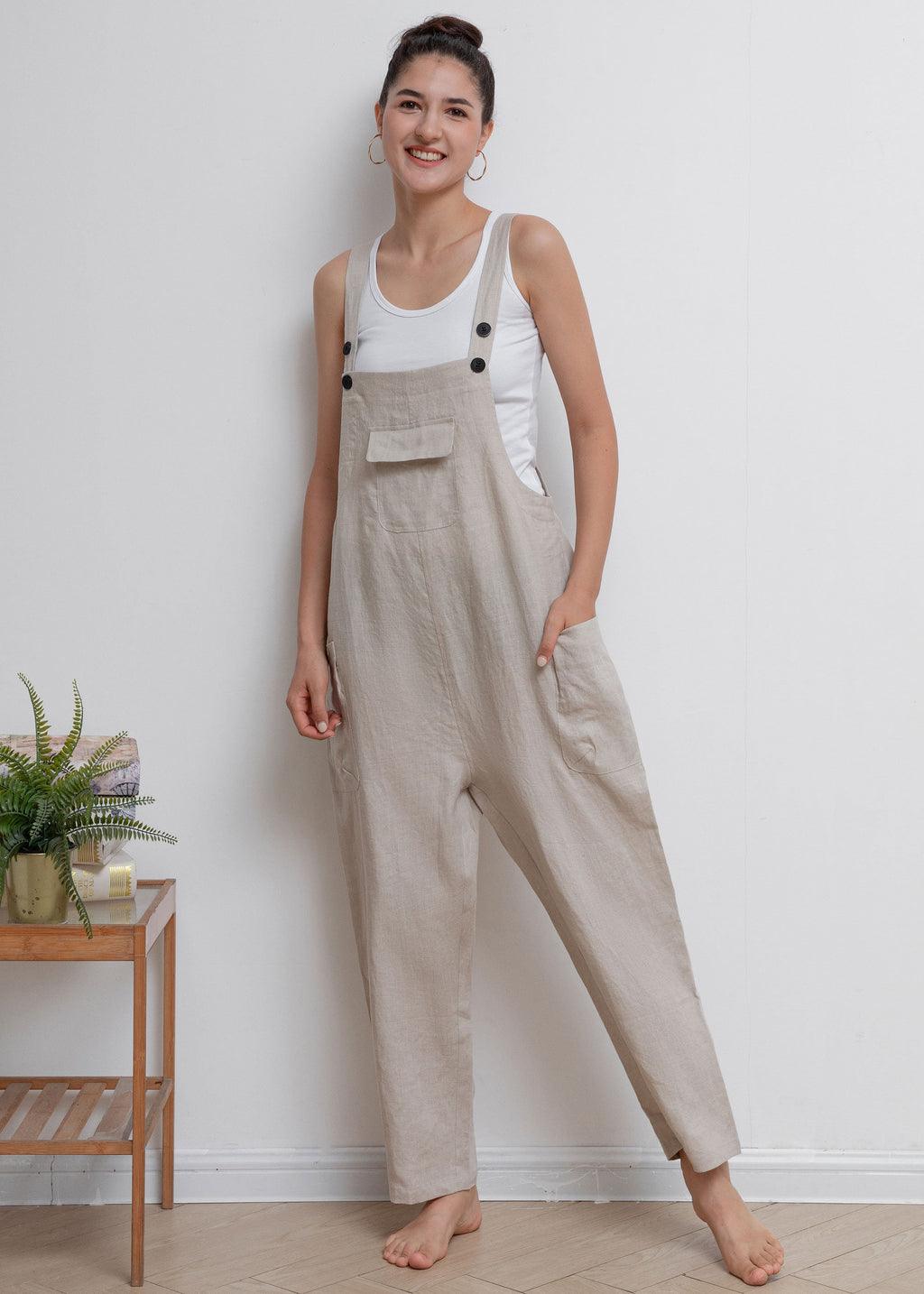 Lila Beige Linen Wide-Leg Overalls — view 2