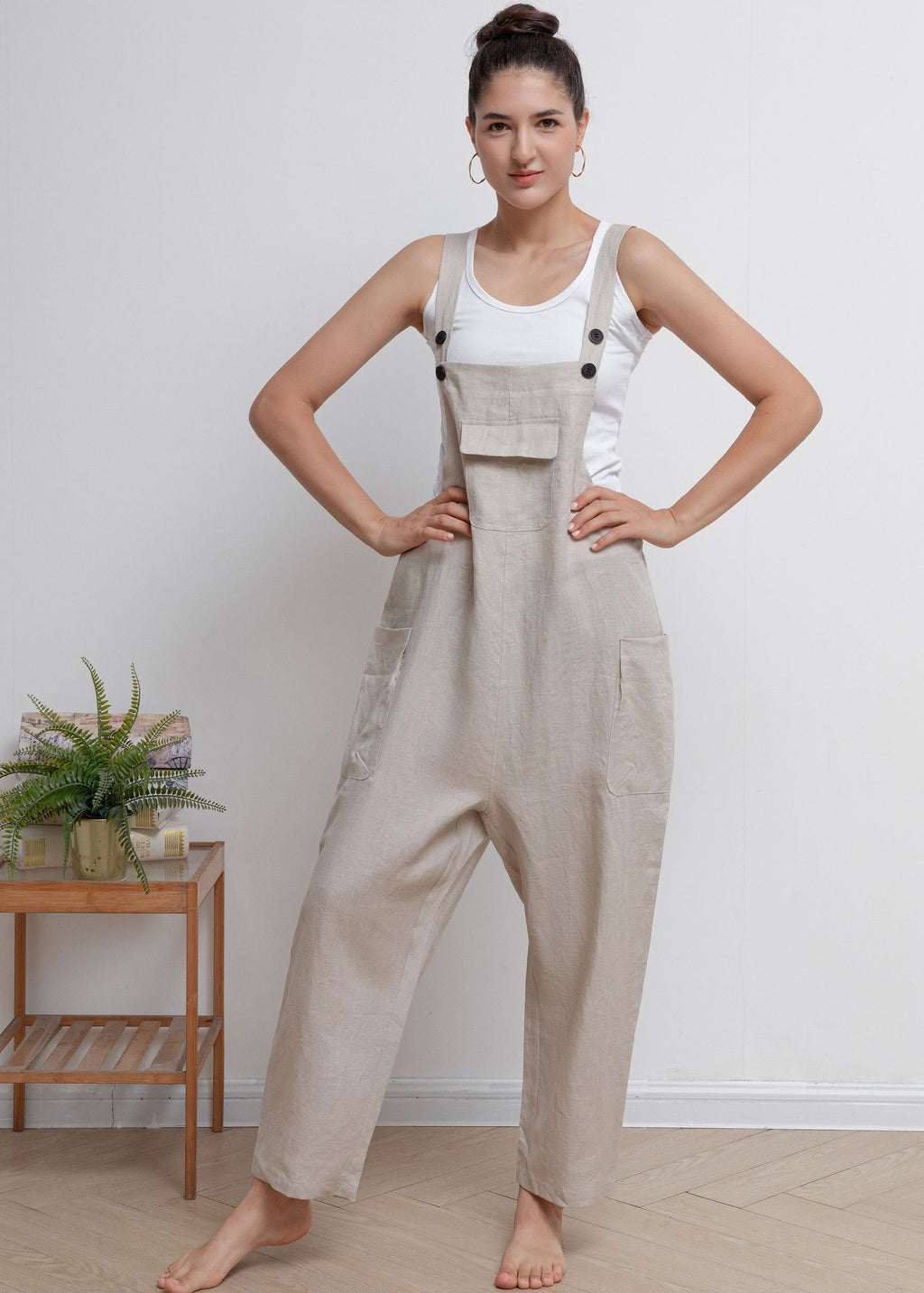 Lila Beige Linen Wide-Leg Overalls — view 5