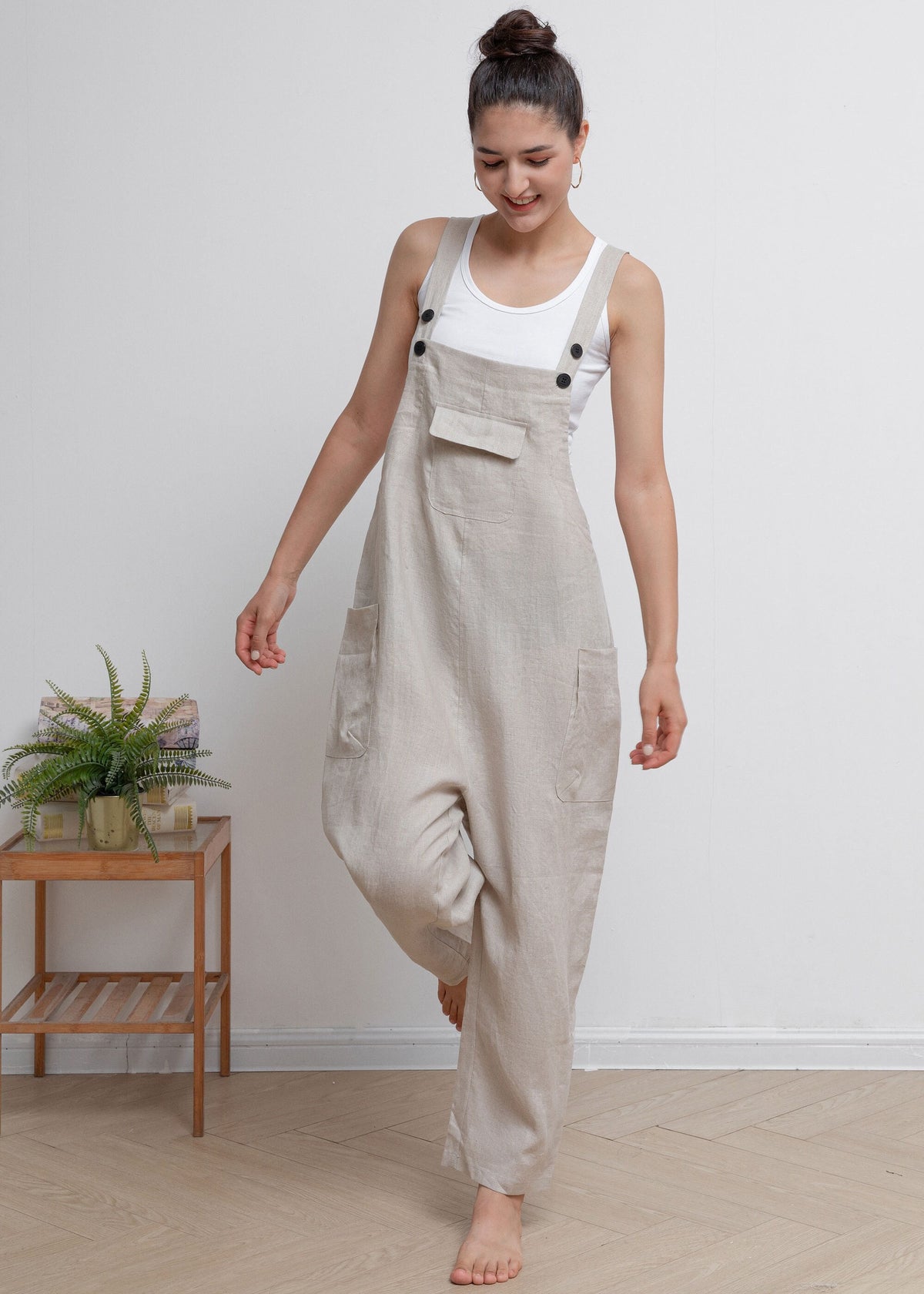 Lila Beige Linen Wide-Leg Overalls — LA's Nine Ninety