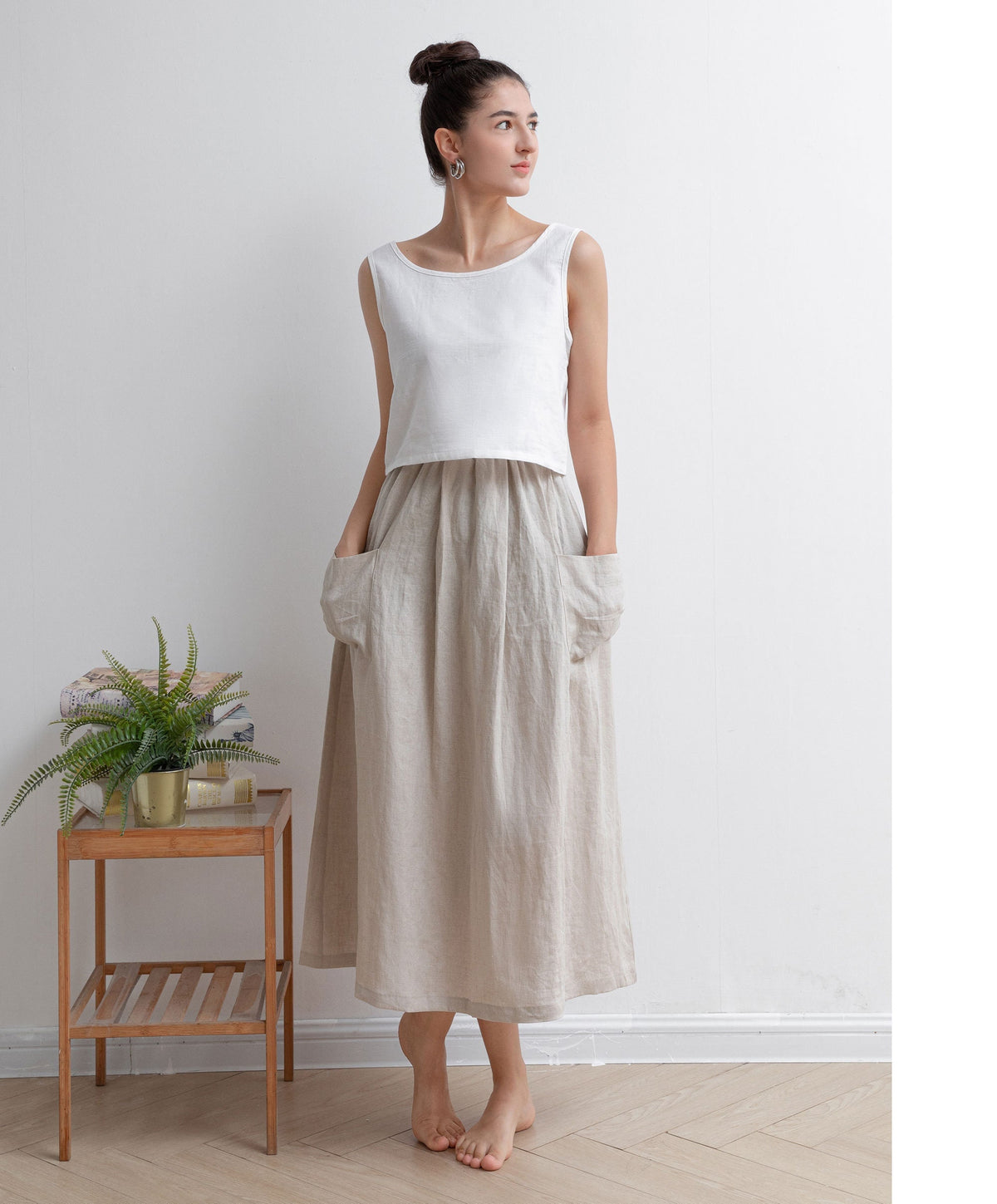 Nina Beige Linen High-Waist Midi Skirt — view 2
