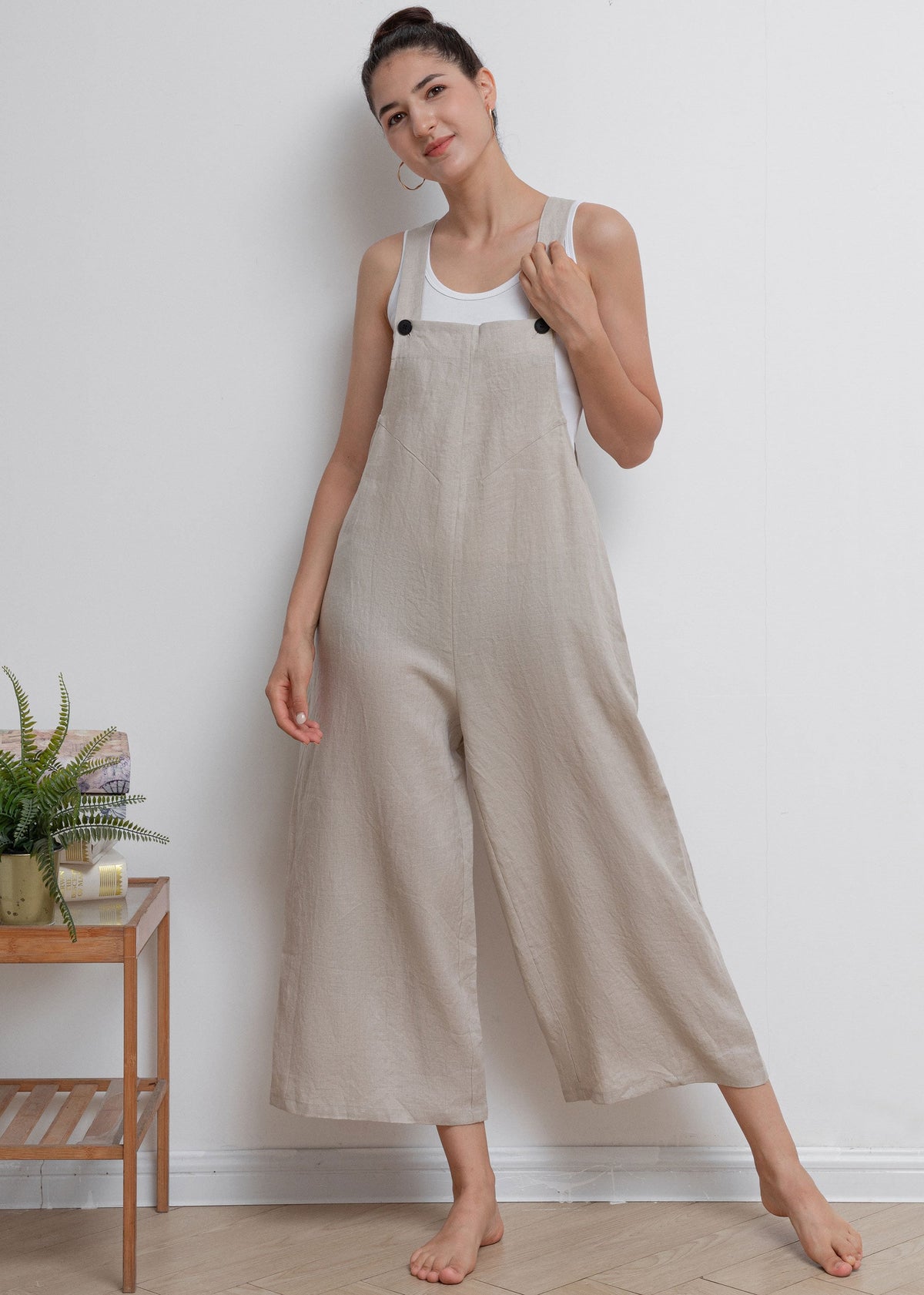 Yara Ivory Linen Cropped Overalls — view 3