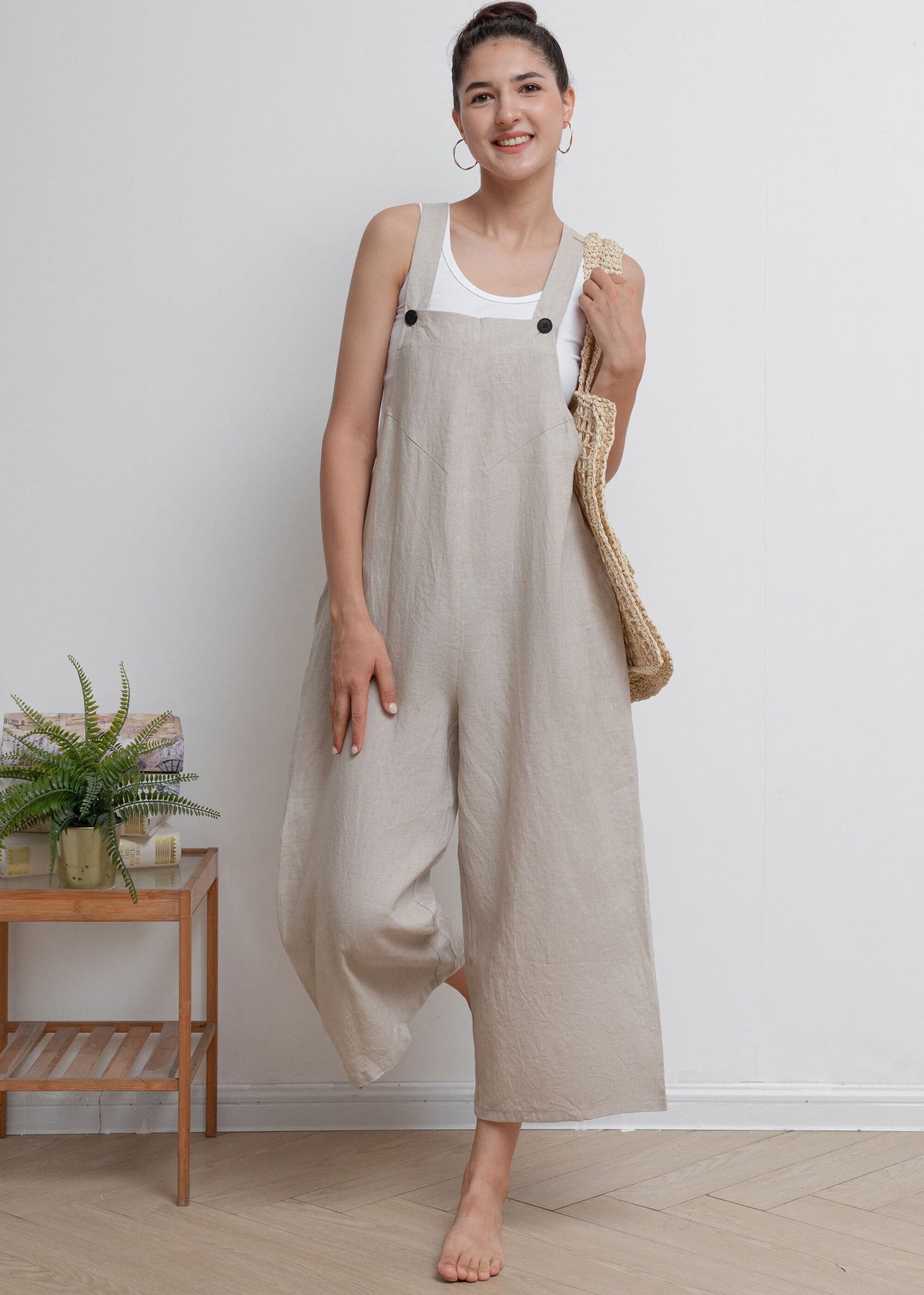 Yara Ivory Linen Cropped Overalls — view 2