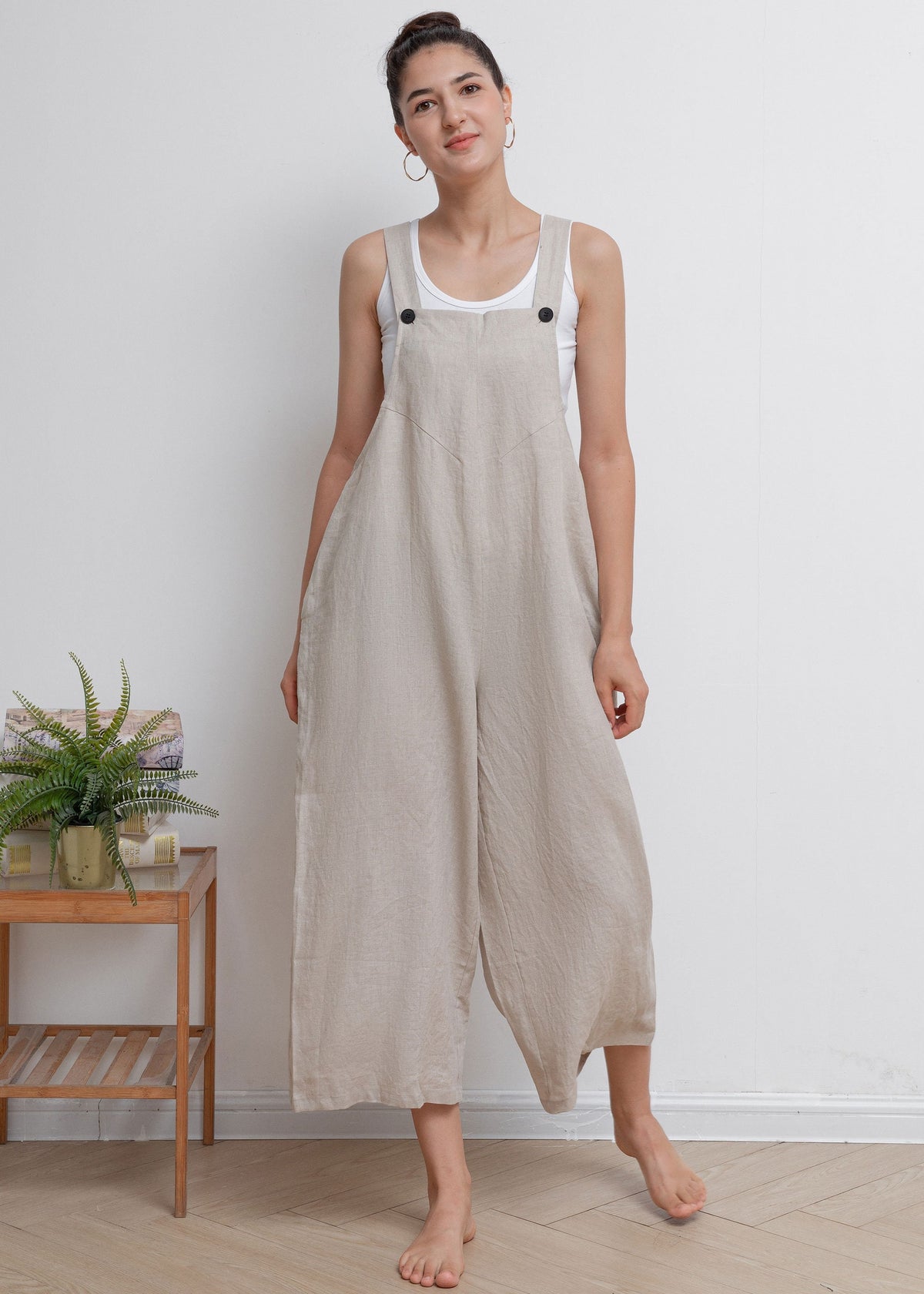 Yara Ivory Linen Cropped Overalls — view 4