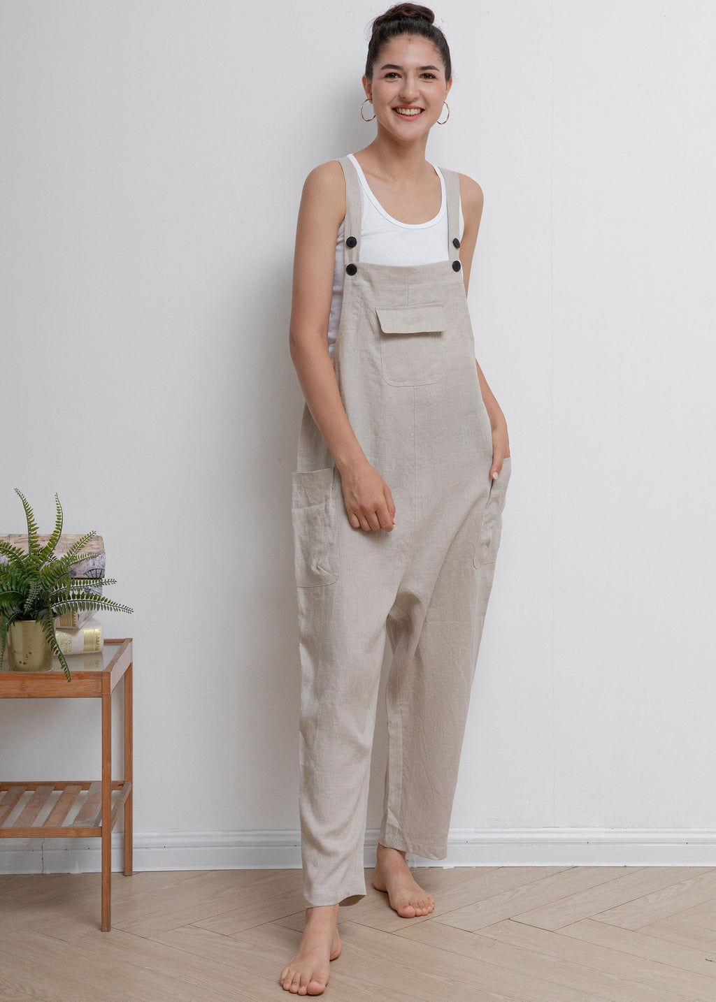 Lila Beige Linen Wide-Leg Overalls — view 3