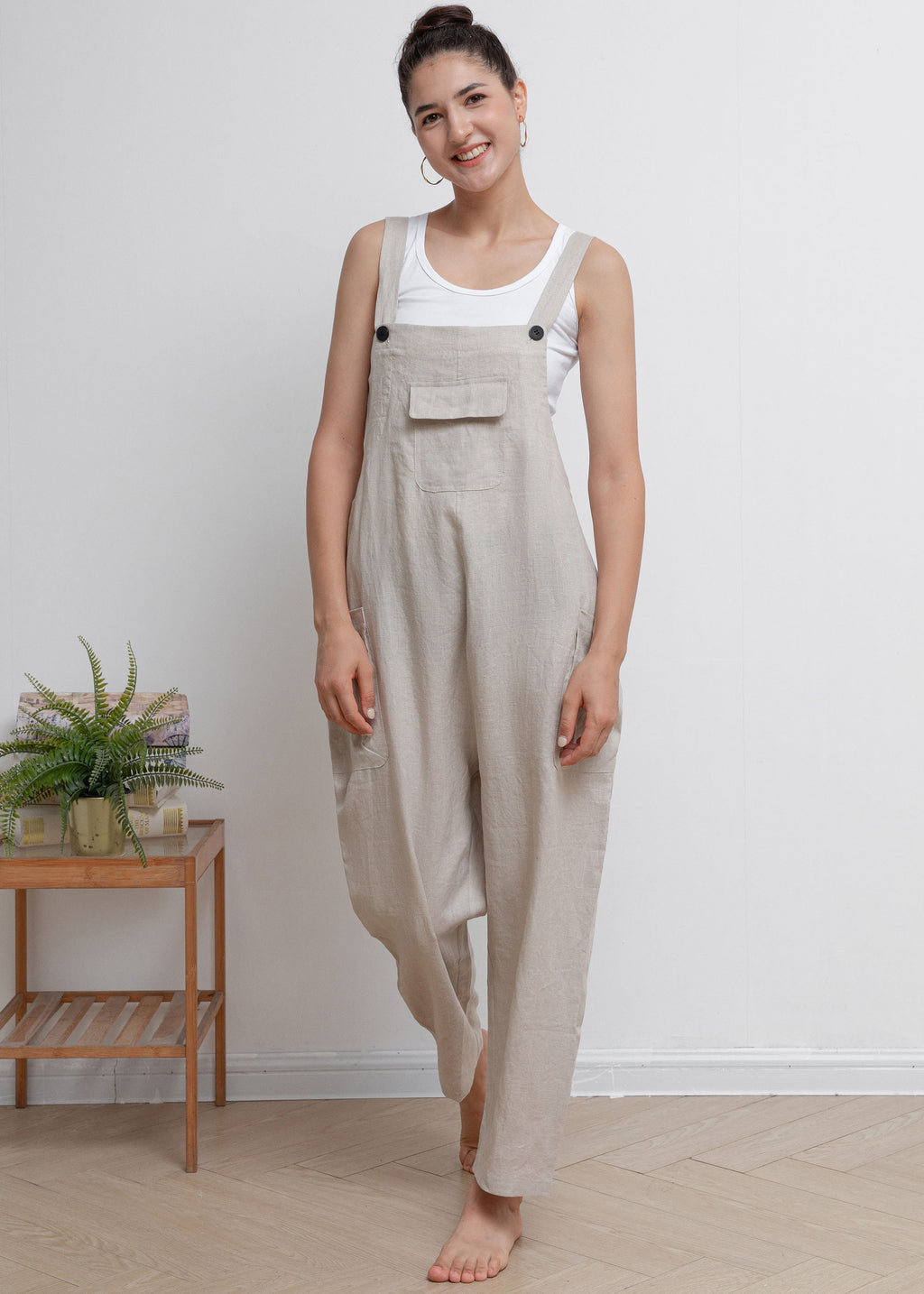 Lila Beige Linen Wide-Leg Overalls — view 4