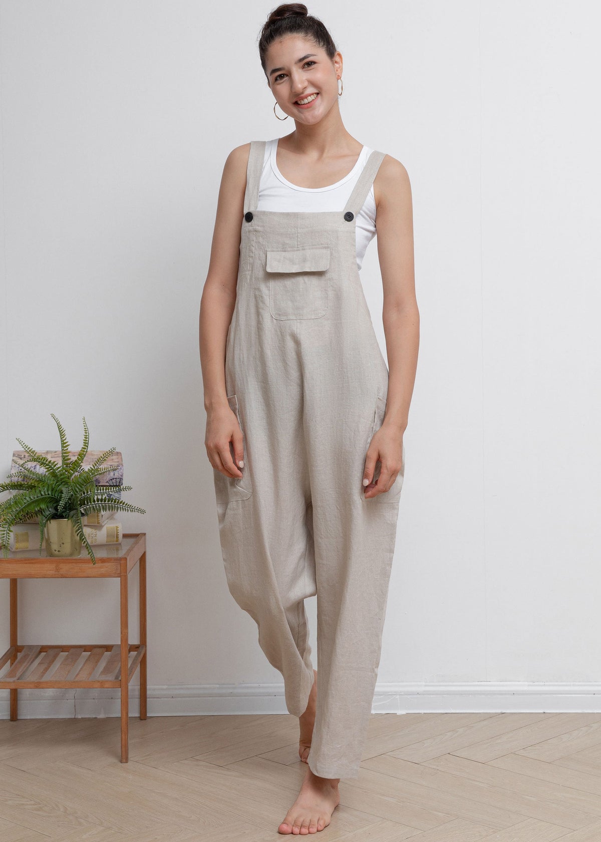 Lila Beige Linen Wide-Leg Overalls — view 4