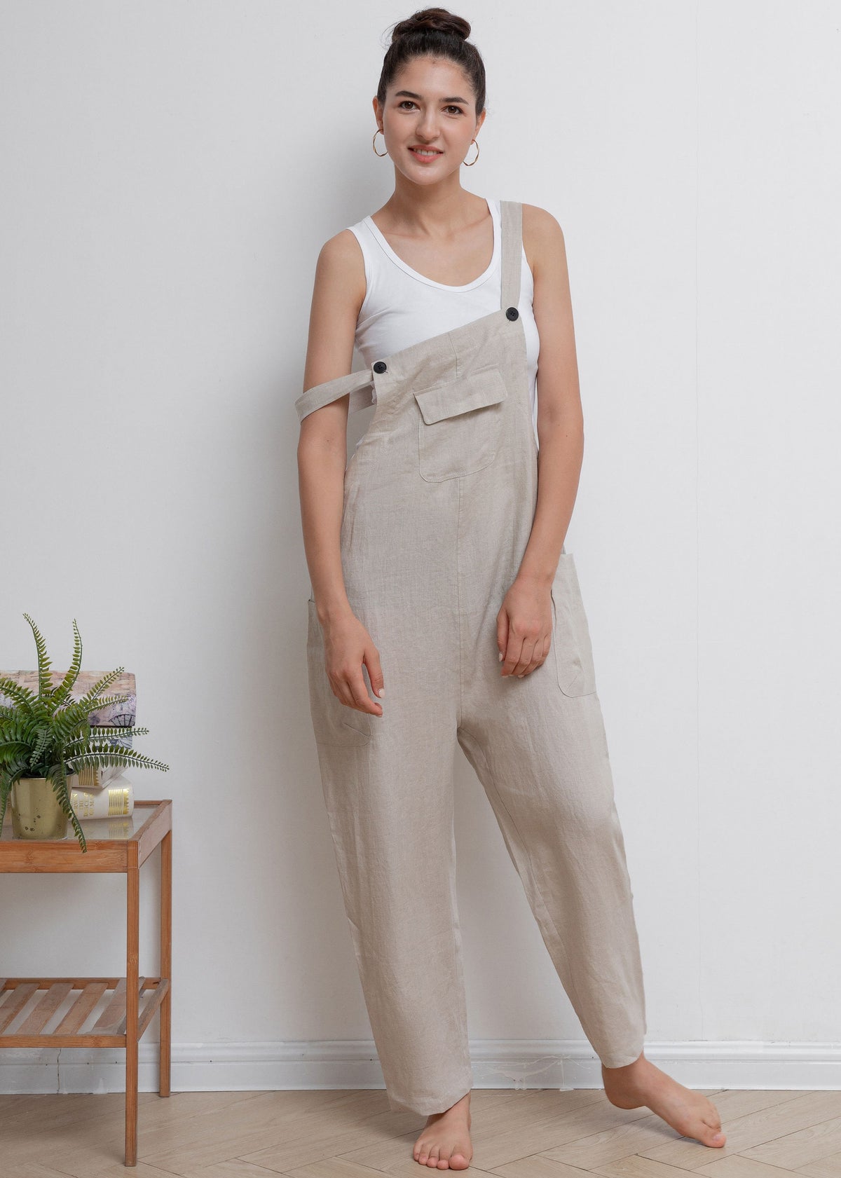 Lila Beige Linen Wide-Leg Overalls — view 6