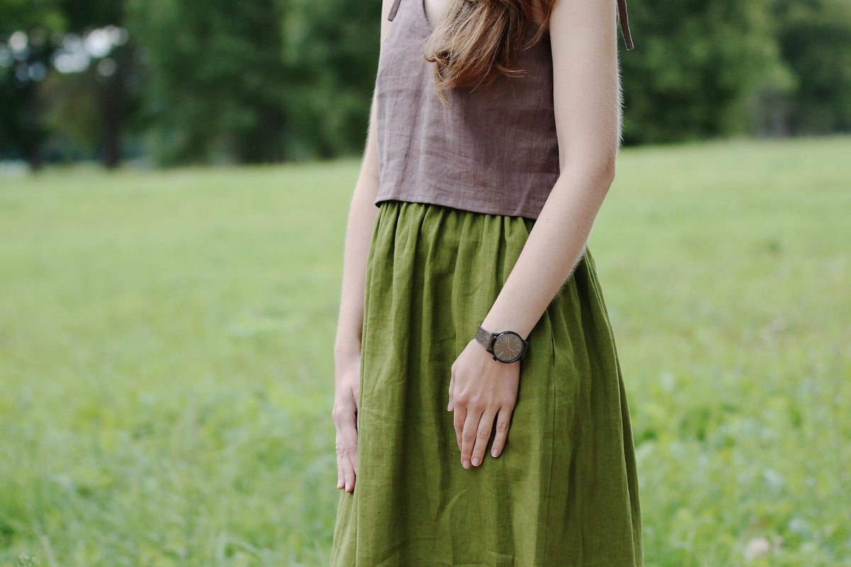 Lotte Olive Linen A-Line Midi Skirt — view 4